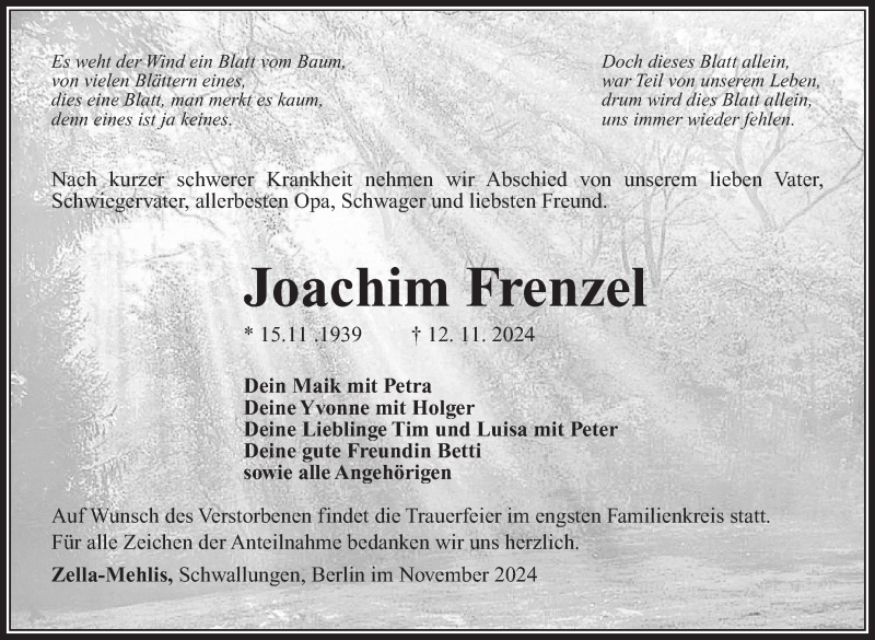  Traueranzeige für Joachim Frenzel vom 23.11.2024 aus Südthüringer Presse