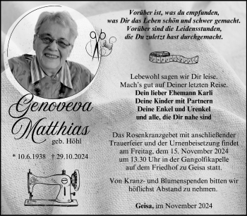 Traueranzeige von Genoveva Matthias von Südthüringer Presse