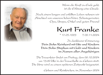 Traueranzeige von Kurt Franke von Südthüringer Presse