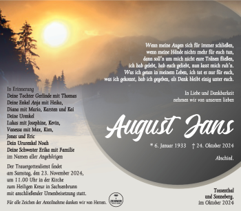 Traueranzeige von August Jans von Südthüringer Presse