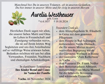 Traueranzeige von Aurelia Westheuser von Südthüringer Presse