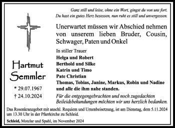 Traueranzeige von Hartmut Semmler von Südthüringer Presse