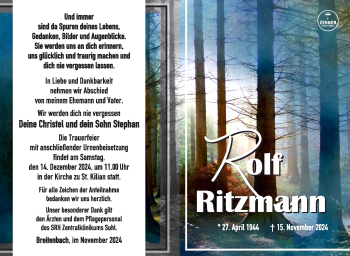 Traueranzeige von Rolf Ritzmann von Südthüringer Presse