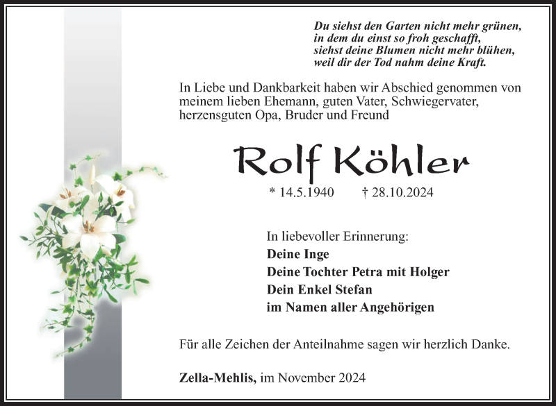  Traueranzeige für Rolf Köhler vom 16.11.2024 aus Südthüringer Presse