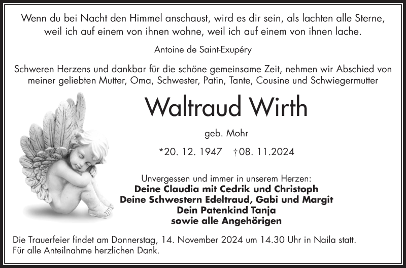  Traueranzeige für Waltraud Wirth vom 13.11.2024 aus Frankenpost
