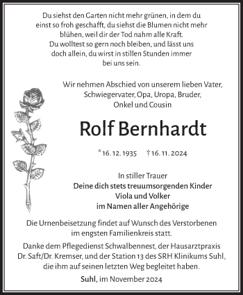 Traueranzeige von Rolf Bernhardt von Südthüringer Presse
