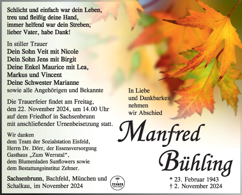  Traueranzeige für Manfred Bühling vom 16.11.2024 aus Südthüringer Presse