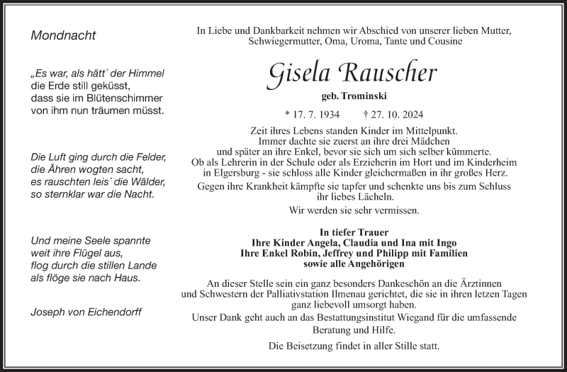  Traueranzeige für Gisela Rauscher vom 09.11.2024 aus Südthüringer Presse