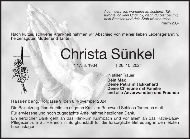 Traueranzeige für Christa Sünkel vom 08.11.2024 aus Neue Presse Coburg