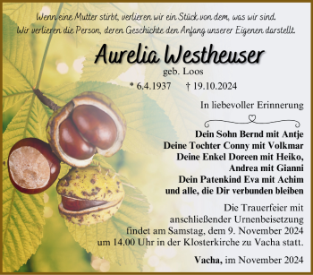 Traueranzeige von Aurelia Westhäuser von Südthüringer Presse