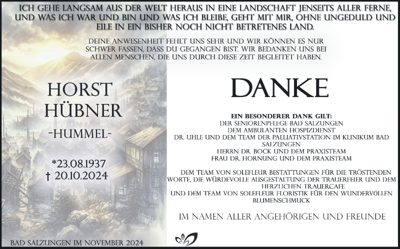  Traueranzeige für Horst Hübner vom 23.11.2024 aus Südthüringer Presse