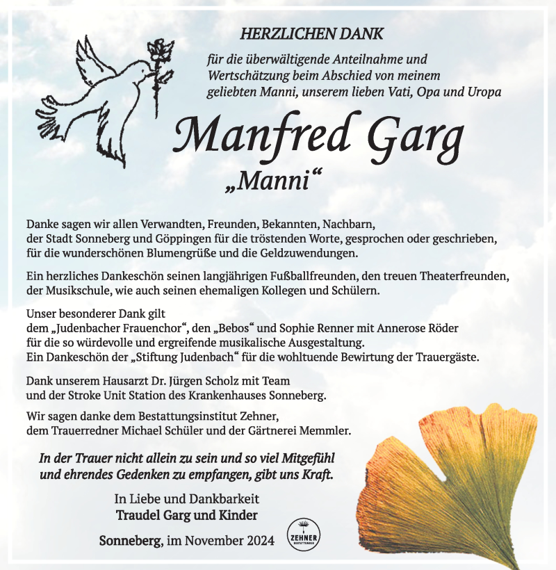  Traueranzeige für Manfred Garg vom 02.11.2024 aus Südthüringer Presse