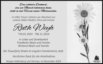 Traueranzeige von Ruth Weyh von Südthüringer Presse