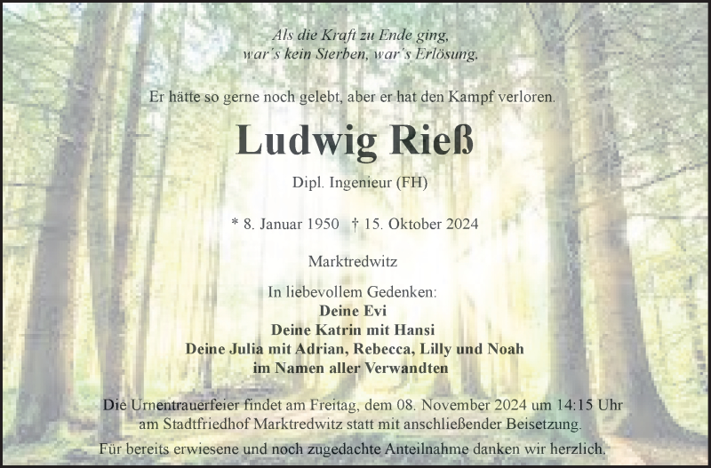  Traueranzeige für Ludwig Rieß vom 02.11.2024 aus Frankenpost