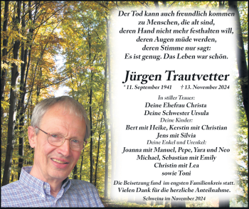 Traueranzeige von Jürgen Trautvetter von Südthüringer Presse