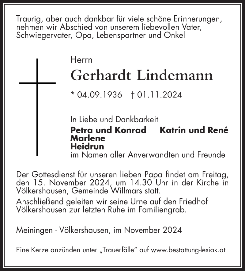  Traueranzeige für Gerhardt Lindemann vom 09.11.2024 aus Südthüringer Presse