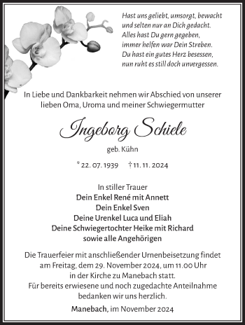 Traueranzeige von Ingeborg Schiele von Südthüringer Presse