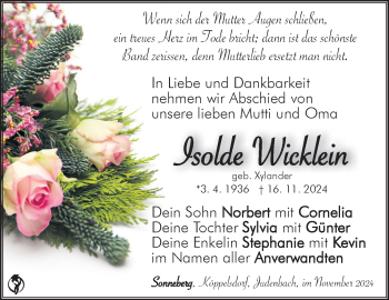 Traueranzeige von Isolde Wicklein von Südthüringer Presse