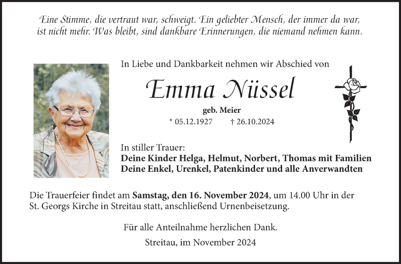  Traueranzeige für Emma Nüssel vom 14.11.2024 aus Frankenpost