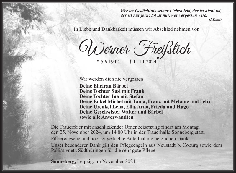  Traueranzeige für Werner Freißlich vom 16.11.2024 aus Südthüringer Presse