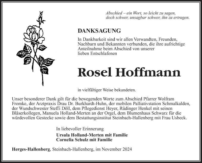  Traueranzeige für Rosel Hofmann vom 09.11.2024 aus Südthüringer Presse