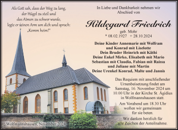 Traueranzeige von Hildegard Friedrich von Südthüringer Presse