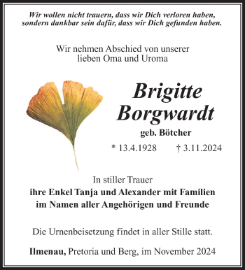 Traueranzeige von Brigitte Borgwardt von Südthüringer Presse