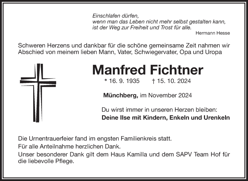  Traueranzeige für Manfred Fichtner vom 09.11.2024 aus Frankenpost