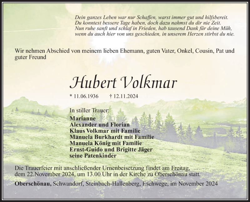  Traueranzeige für Hubert Volkmar vom 16.11.2024 aus Südthüringer Presse