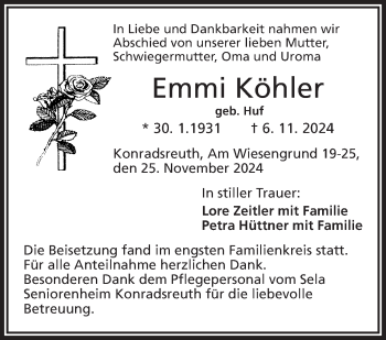 Traueranzeige von Emmi Köhler von Frankenpost