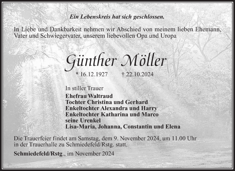  Traueranzeige für Günther Möller vom 02.11.2024 aus Südthüringer Presse