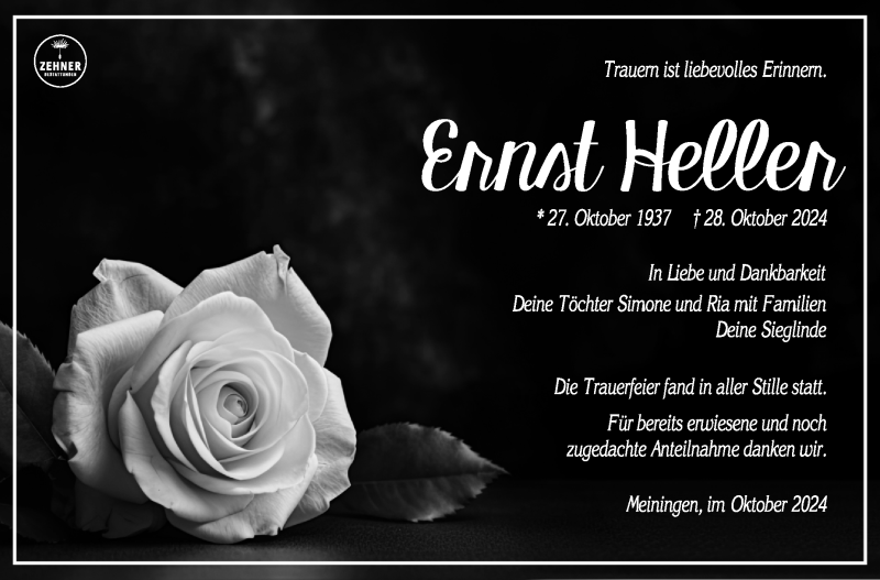  Traueranzeige für Ernst Heller vom 16.11.2024 aus Südthüringer Presse