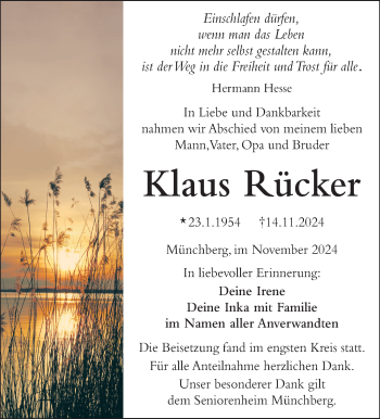 Traueranzeige von Klaus Rücker von Frankenpost