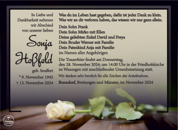 Traueranzeige von Sonja Hoßfeld von Südthüringer Presse