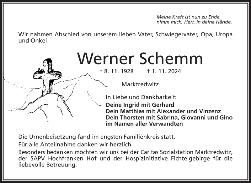  Traueranzeige für Werner Schemm vom 23.11.2024 aus Frankenpost
