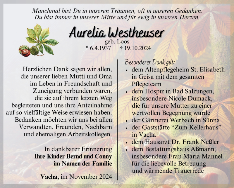  Traueranzeige für Aurelia Westheuser vom 29.11.2024 aus Südthüringer Presse