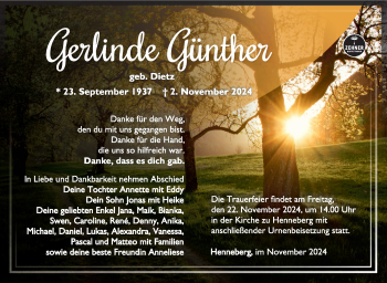 Traueranzeige von Gerlinde Günther von Südthüringer Presse