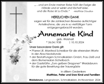 Traueranzeige von Annemarie Kind von Südthüringer Presse