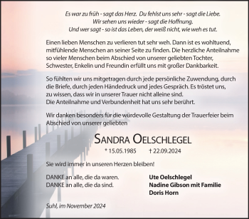 Traueranzeige von Sandra Oelschlegel von Südthüringer Presse