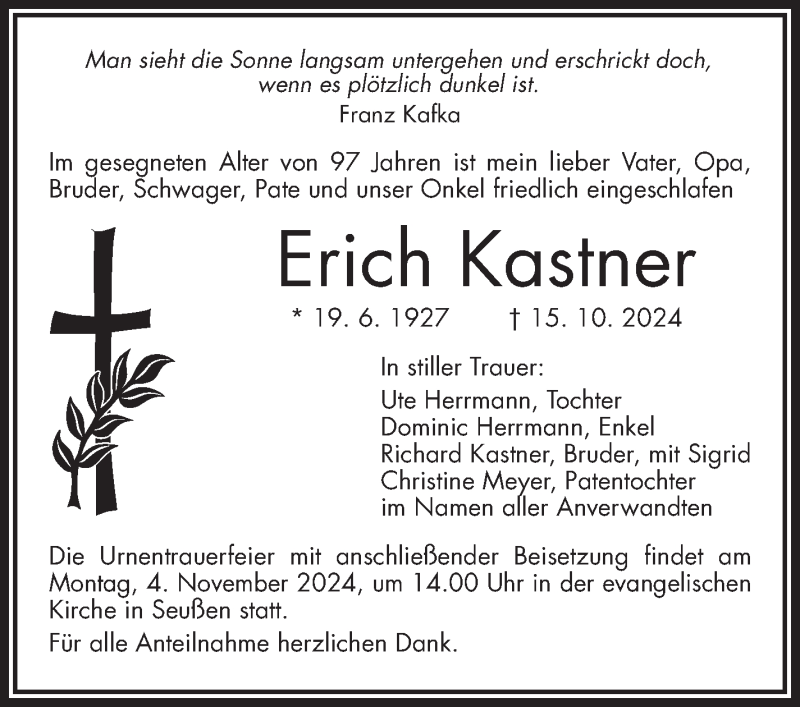  Traueranzeige für Erich Kastner vom 02.11.2024 aus Frankenpost