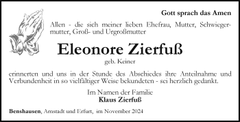Traueranzeige von Eleonore Zierfuß von Südthüringer Presse