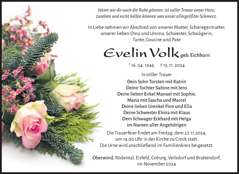  Traueranzeige für Evelin Volk vom 19.11.2024 aus Südthüringer Presse