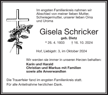 Traueranzeige von Gisela Schricker von Frankenpost