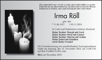 Traueranzeige von Irma Röll von Südthüringer Presse