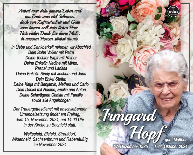  Traueranzeige für Irmgard Hopf vom 09.11.2024 aus Südthüringer Presse