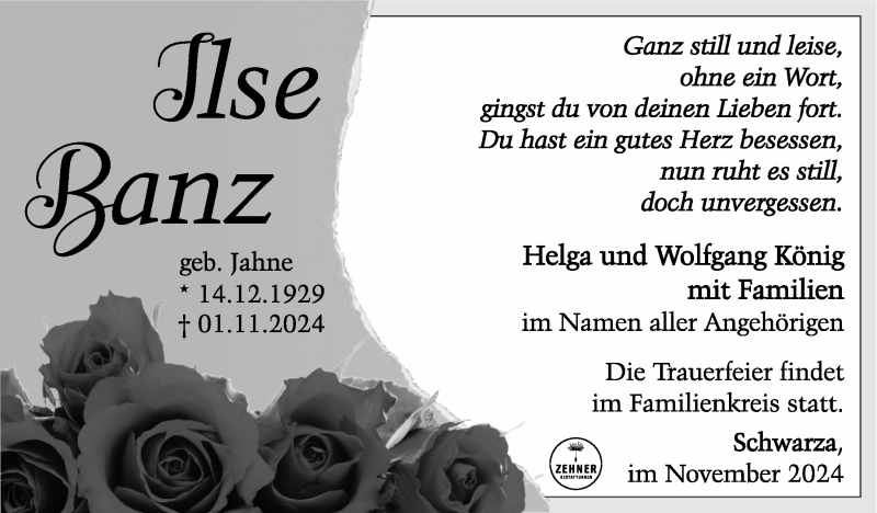 Traueranzeige für Ilse Banz vom 08.11.2024 aus Südthüringer Presse