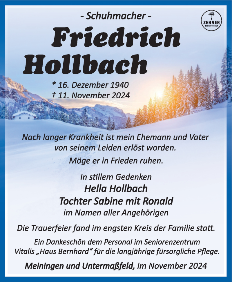 Traueranzeige für Friedrich Hollbach vom 22.11.2024 aus Südthüringer Presse