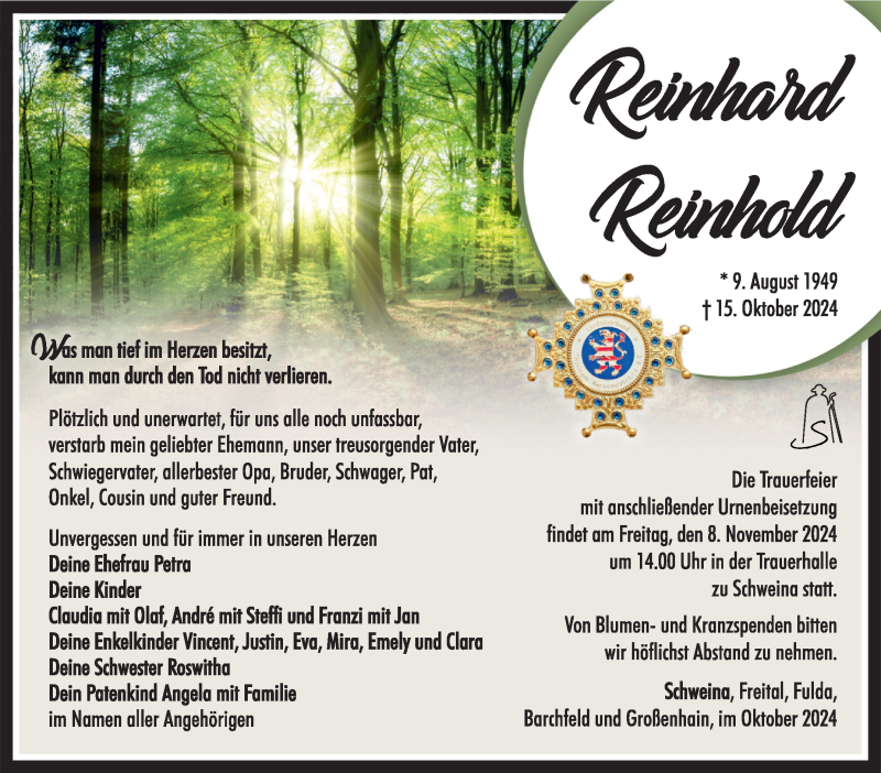  Traueranzeige für Reinhard Reinhold vom 01.11.2024 aus Südthüringer Presse