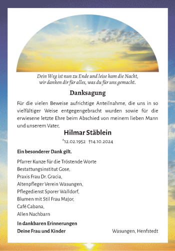 Traueranzeige von Hilmar Stäblein von Südthüringer Presse