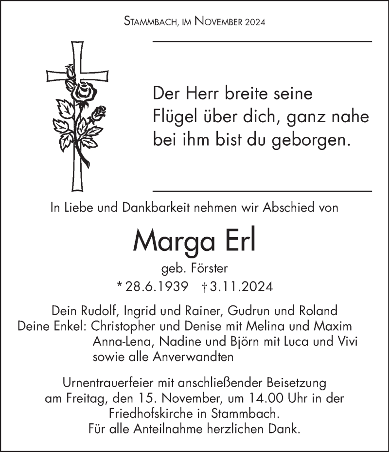  Traueranzeige für Marga Erl vom 13.11.2024 aus Frankenpost